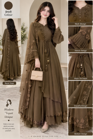 Elegant Mocha Brown Embroidered Layered Anarkali Dress