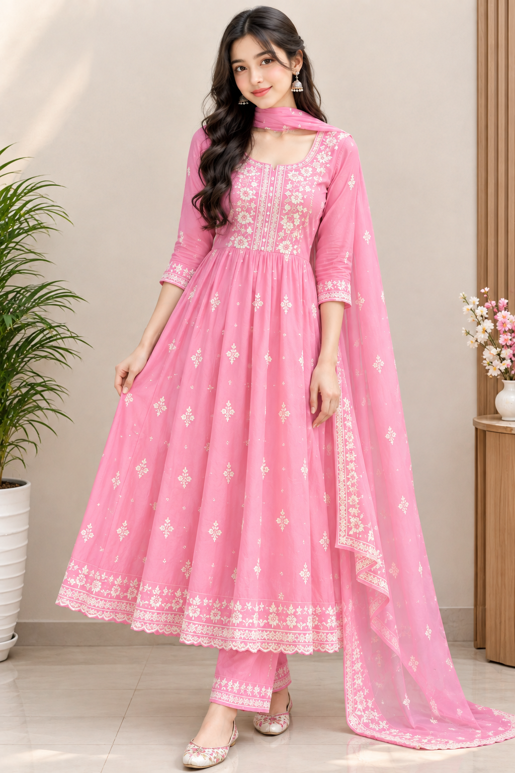 Pretty Pink Floral Anarkali Suit Set