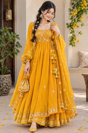 Women’s Yellow Embroidered Anarkali Suit Set