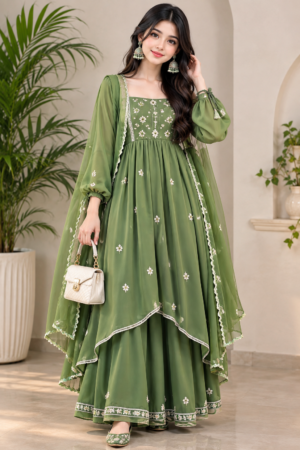 Elegant Olive Green Floral Anarkali Suit Set