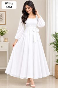 Elegant White Flared Maxi Dress with Bow Waist