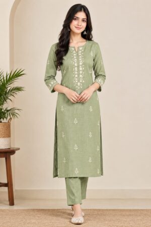 Women’s Sage Green Embroidered Straight Kurta Set