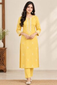 Women’s Yellow Floral Embroidered Straight Kurta Set