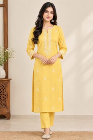 Women’s Yellow Floral Embroidered Straight Kurta Set