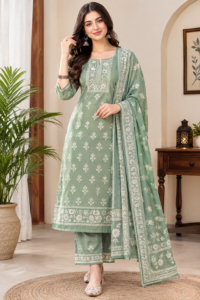 Women’s Elegant Sage Green Floral Printed Kurta Set