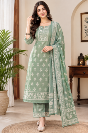Women’s Elegant Sage Green Floral Printed Kurta Set