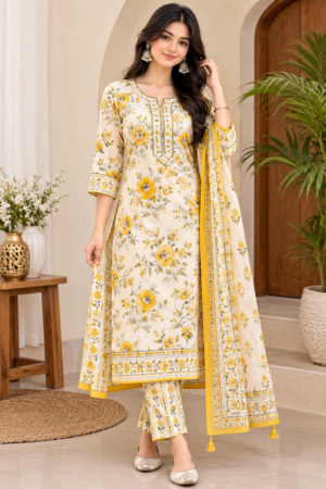 Women’s Elegant Yellow Floral Printed Kurta Set