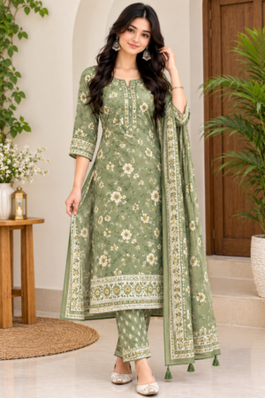 Women’s Elegant Sage Green Floral Printed Kurta Set
