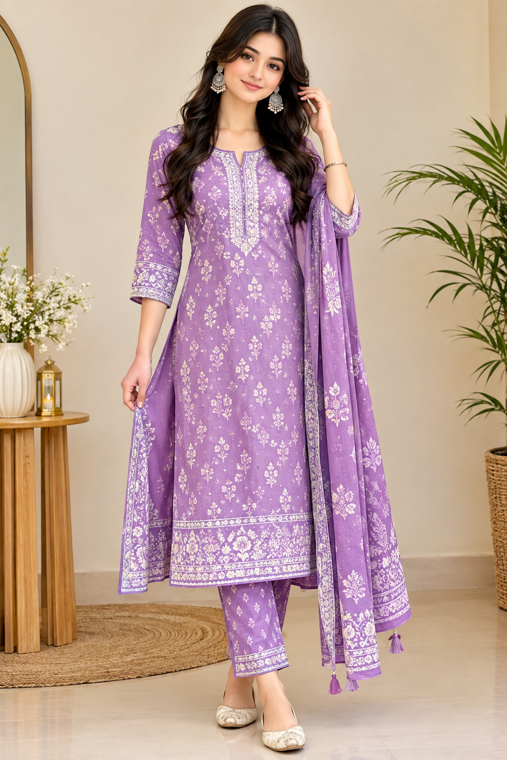 Women’s Elegant Lilac Floral Printed Kurta Set
